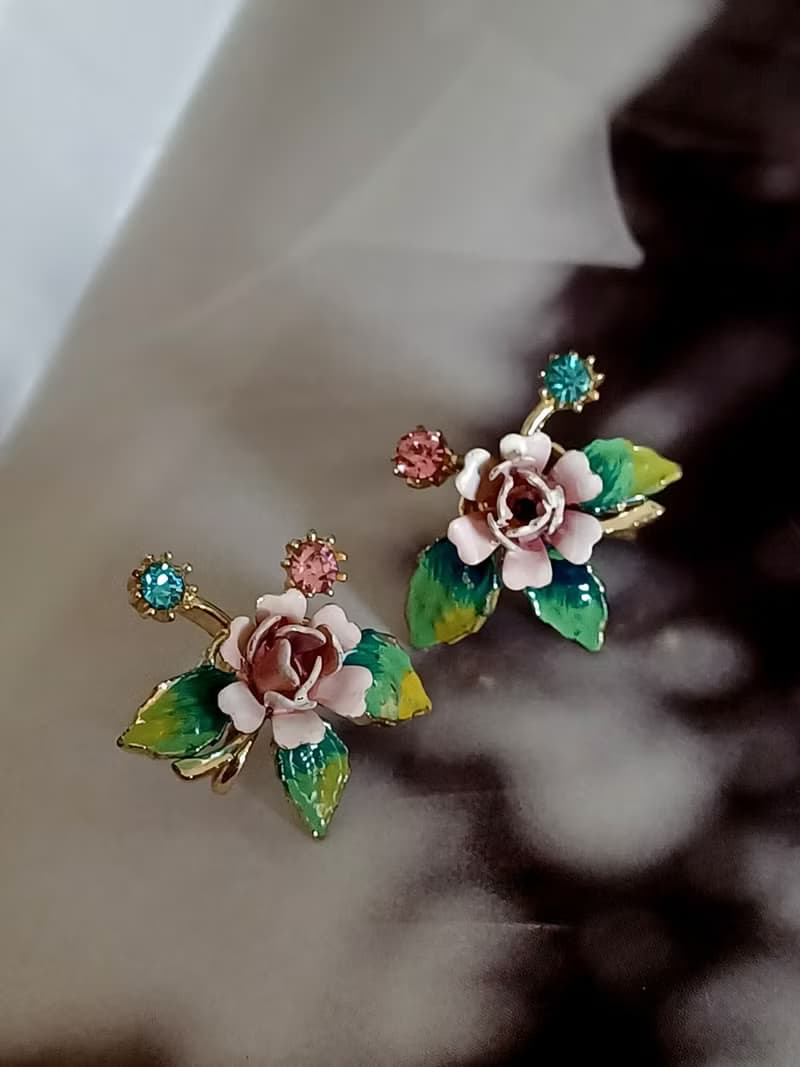 vintage jewelry  花卉琺瑯萊茵夾式耳環