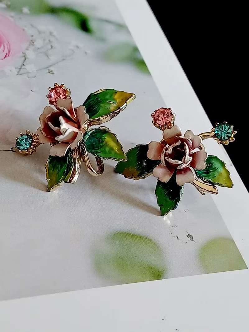 vintage jewelry  花卉琺瑯萊茵夾式耳環
