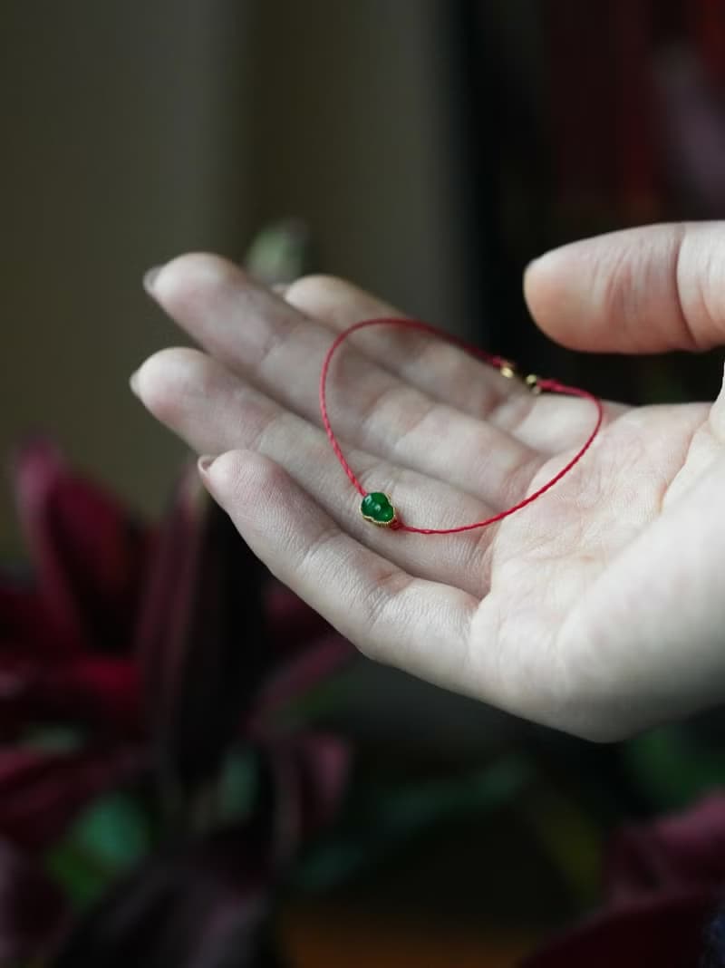 原創福祿蓮蓮天然翡翠葫蘆紅繩18K金極細編繩手鏈本命年闢邪開運