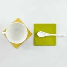 簡約方形杯墊 雙面材質 PU皮革+帆布 黃綠色系