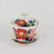 純手繪茶杯-牡丹(三件式蓋杯)-紅花
