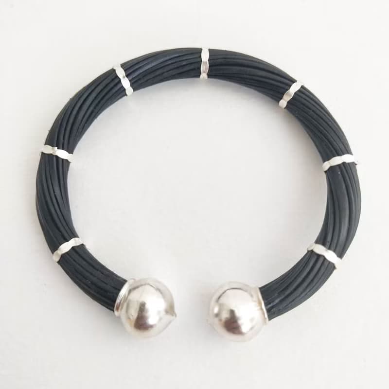 Genuine Black Body Color Elephant Tail Hair Bangle 925 Sterling Silver Free Size