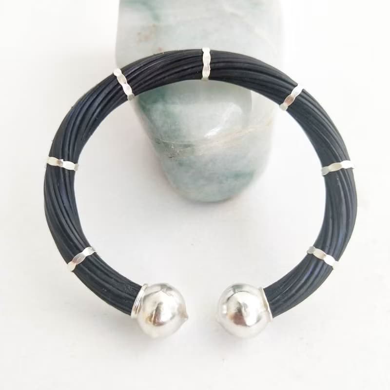 Genuine Black Body Color Elephant Tail Hair Bangle 925 Sterling Silver Free Size