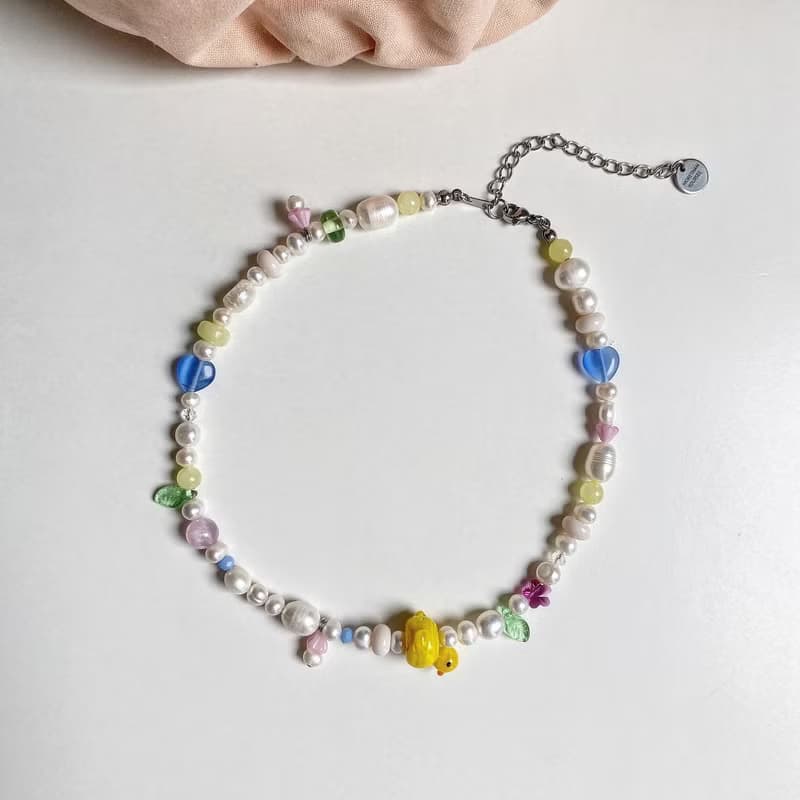 Mini Duck Beaded Necklace, glass beads , freshwater pearl, beads jewelry
