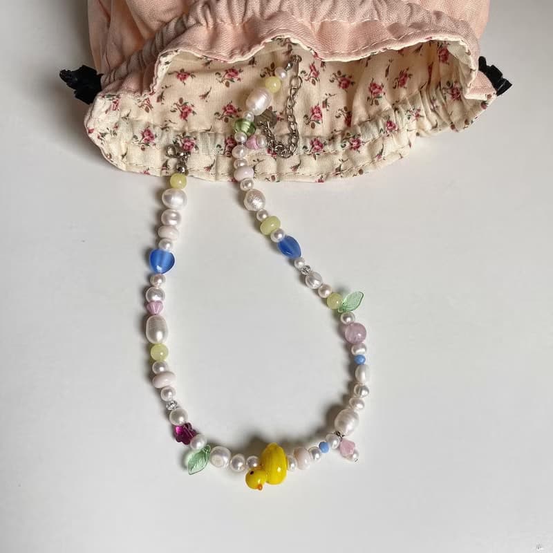 Mini Duck Beaded Necklace, glass beads , freshwater pearl, beads jewelry