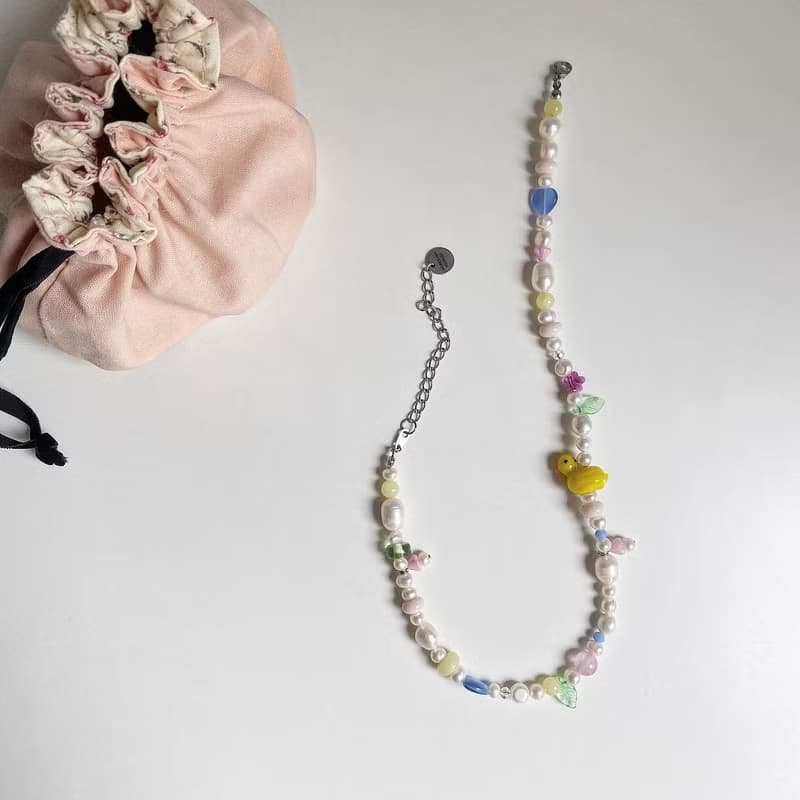 Mini Duck Beaded Necklace, glass beads , freshwater pearl, beads jewelry