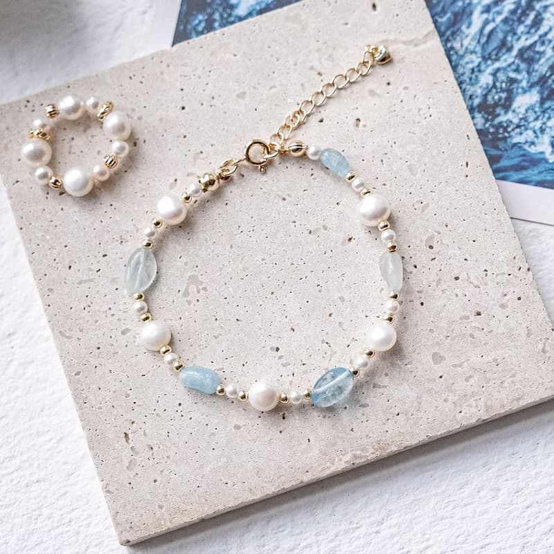 訴說。海藍寶 淡水珍珠 14K金 氣質細鍊款。清晰溝通