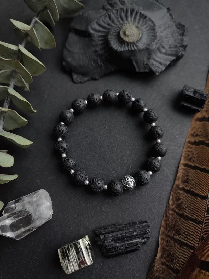 OM LAVA BRACELET - Black Volcanic Rock with Silver