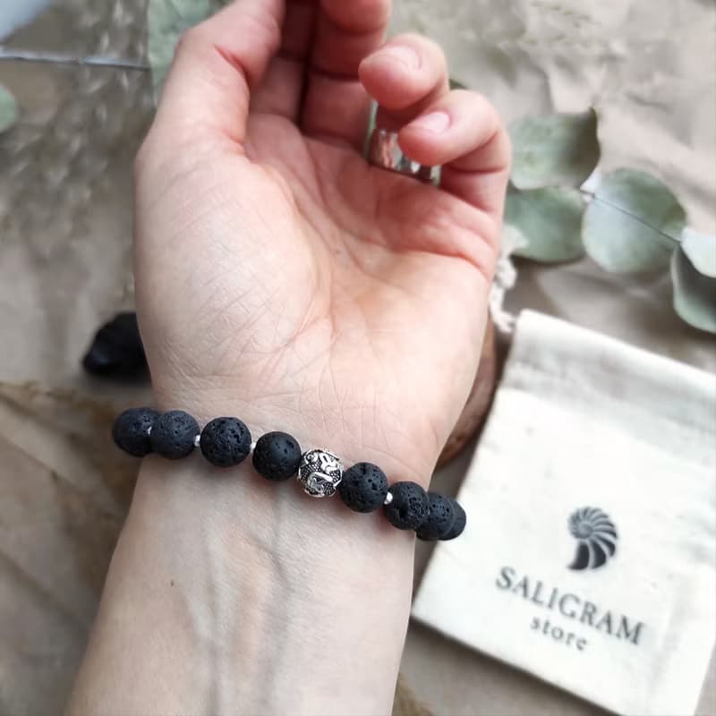 OM LAVA BRACELET - Black Volcanic Rock with Silver