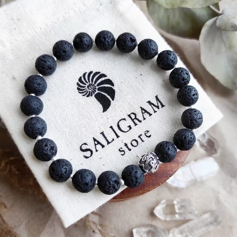 OM LAVA BRACELET - Black Volcanic Rock with Silver