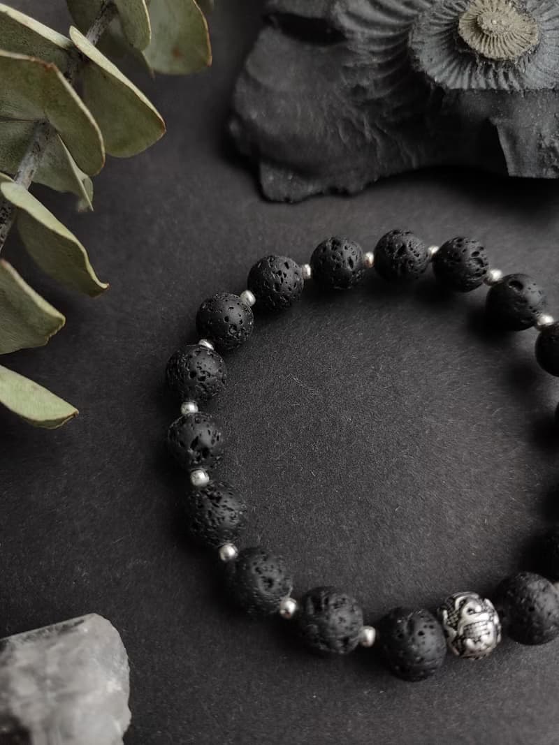OM LAVA BRACELET - Black Volcanic Rock with Silver