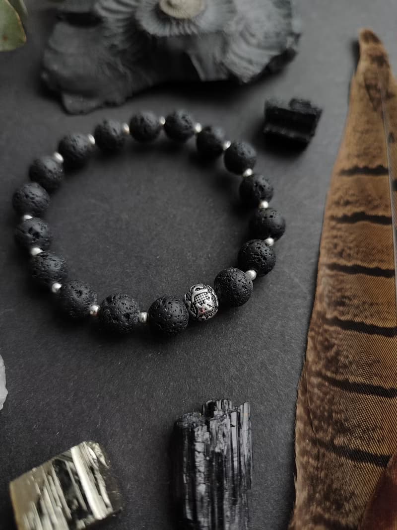 OM LAVA BRACELET - Black Volcanic Rock with Silver