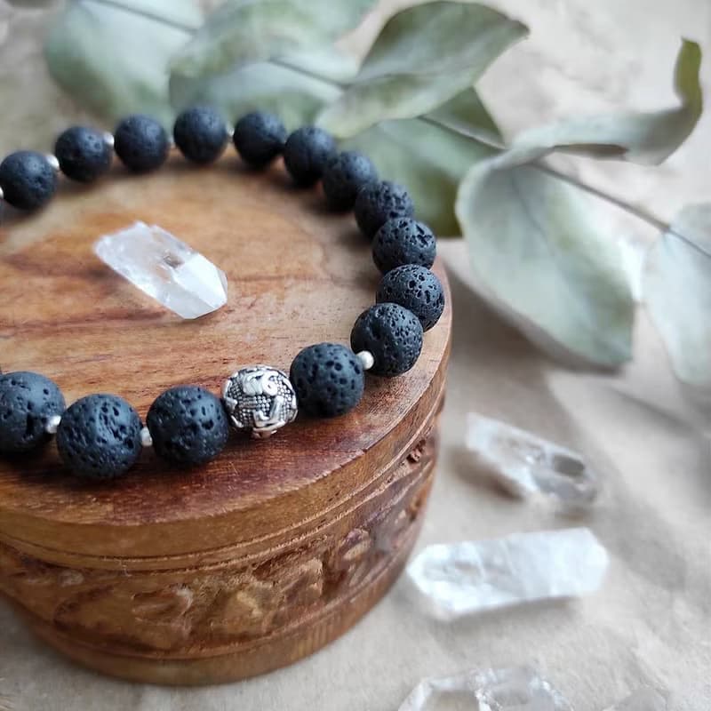 OM LAVA BRACELET - Black Volcanic Rock with Silver