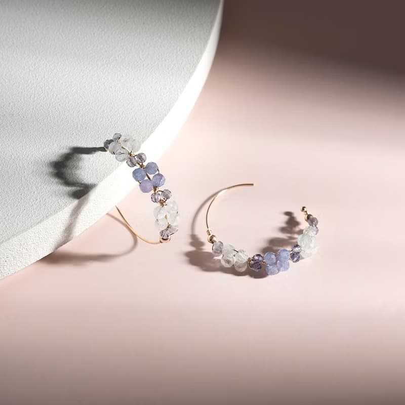 堇青石海藍寶坦桑石手工繞線14K包金C型耳環 禮物