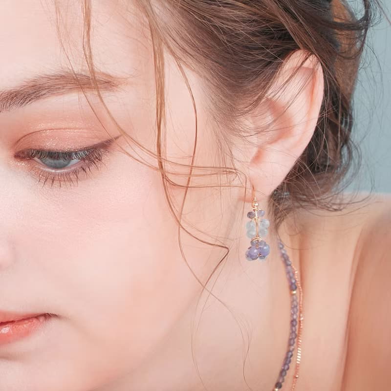 堇青石海藍寶坦桑石手工繞線14K包金C型耳環 禮物