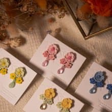 【雨滴落花】 耳環 微鉤 針織 花 耳飾 耳夾 手作 春天 耳針
