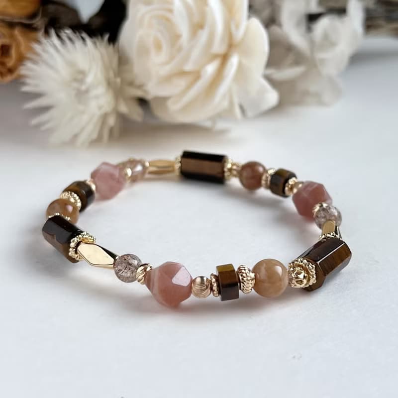 自信能量 黃虎眼 珊瑚玉 橙月光石 天然水晶手鏈 美拉德