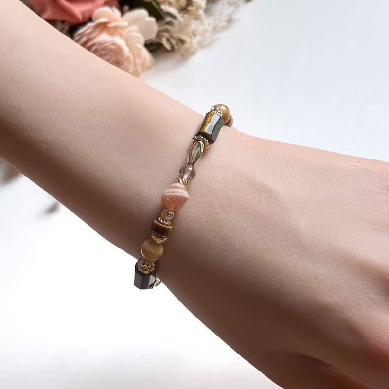 自信能量 黃虎眼 珊瑚玉 橙月光石 天然水晶手鏈 美拉德