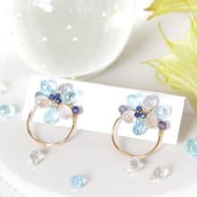 14kgf-skyblue topaz &crystal flower pierced earrings /can change to clip-on