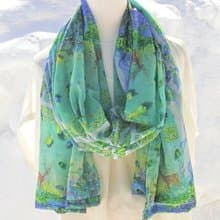 二週間【Forest with owls and deer】アートシフォンストール　スカーフ　ショール　母の日　ファッション小物　緑　かわいい