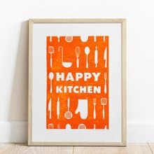 Orange utensils pattern Happy kitchen sign Linocut print Simple original artwork