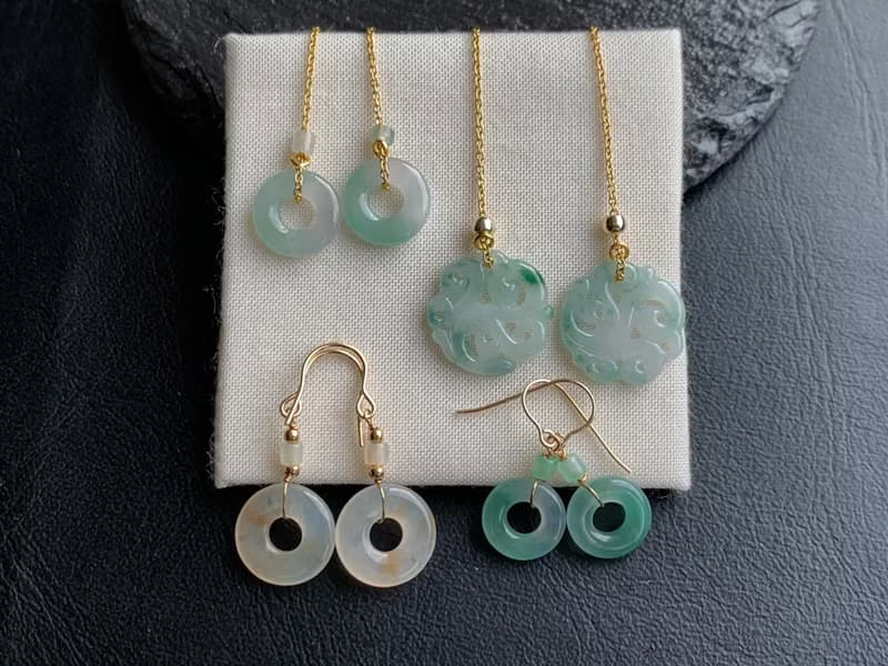 天然緬甸玉翡翠耳環 美國14K包金耳線 14KGF 平安扣甜甜圈