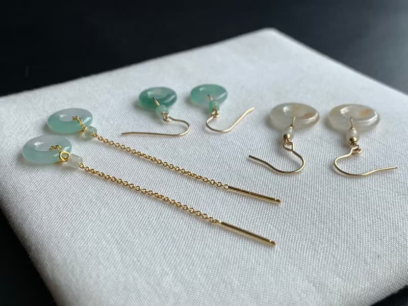 天然緬甸玉翡翠耳環 美國14K包金耳線 14KGF 平安扣甜甜圈