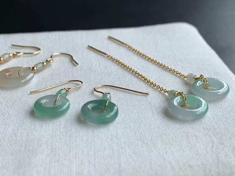 天然緬甸玉翡翠耳環 美國14K包金耳線 14KGF 平安扣甜甜圈