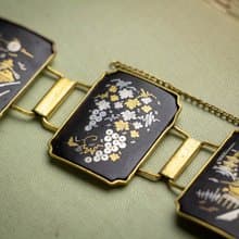 日本Amita古董象嵌 24K金/純銀鑲嵌工藝 日式圖騰 大寬版鍍金手鍊