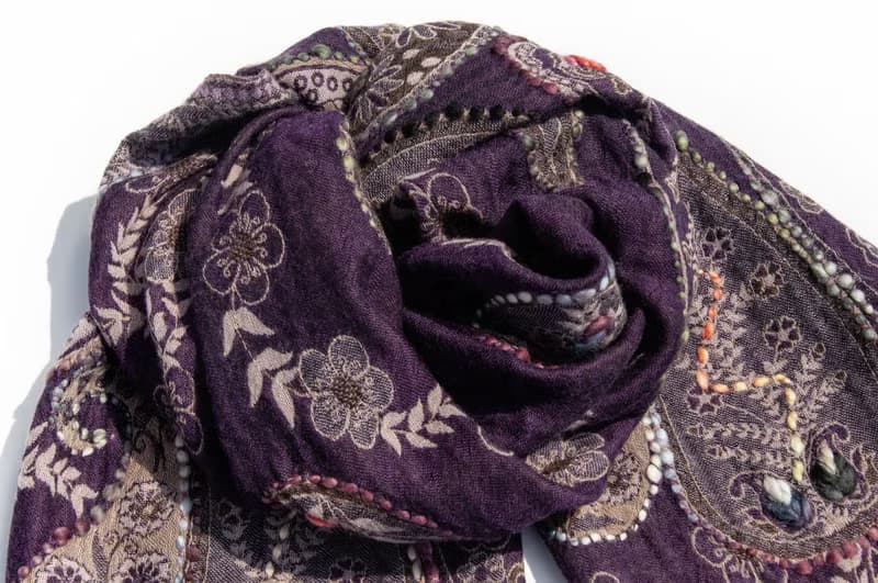 喀什米爾Cashmere/刺繡圍巾/水煮羊毛披肩/針織圍巾/羊絨披巾-花
