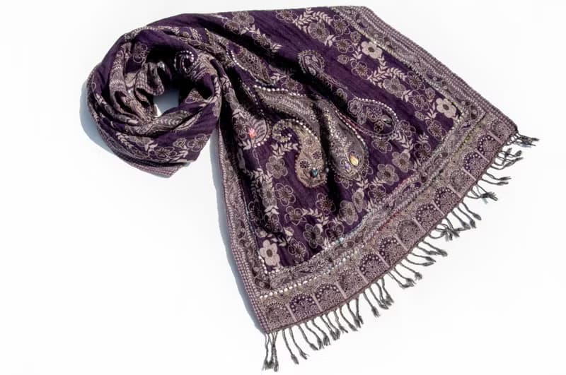 喀什米爾Cashmere/刺繡圍巾/水煮羊毛披肩/針織圍巾/羊絨披巾-花