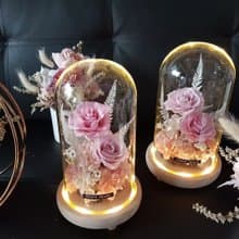 海藏設計| 薄霧粉玫。發光永生花玻璃罩 /裸色永生玫瑰 夜燈