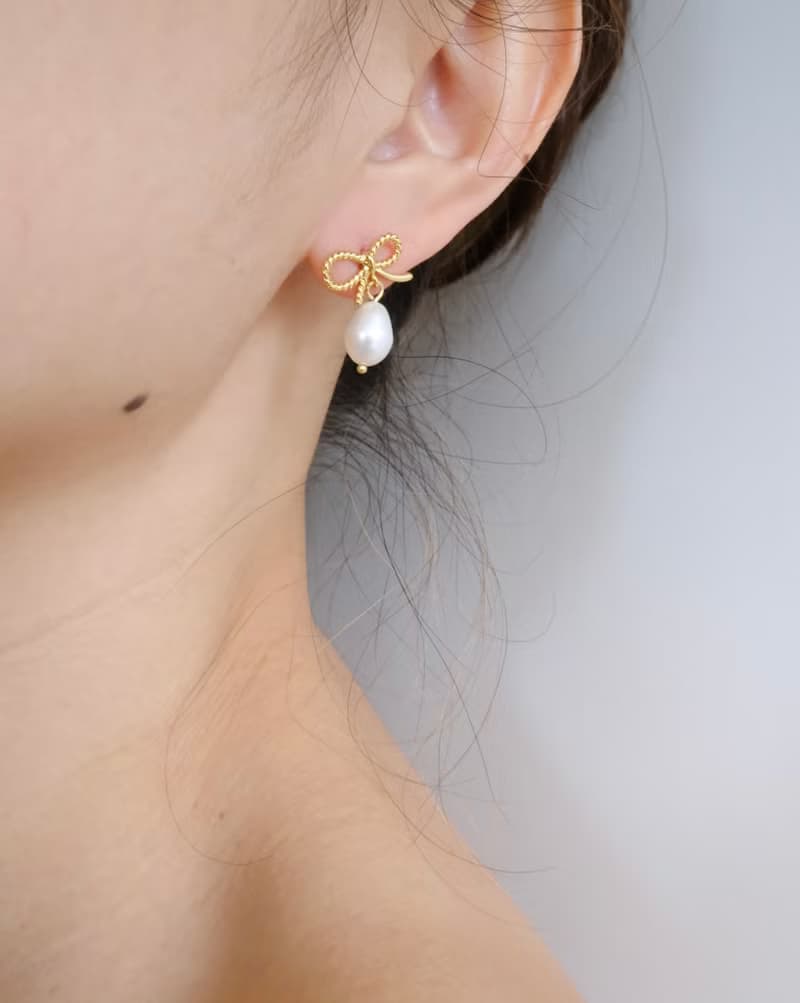 黃銅鍍18K金蝴蝶結 淡水珍珠 抗敏耳環 醫療級鋼 耳夾 情人節禮物