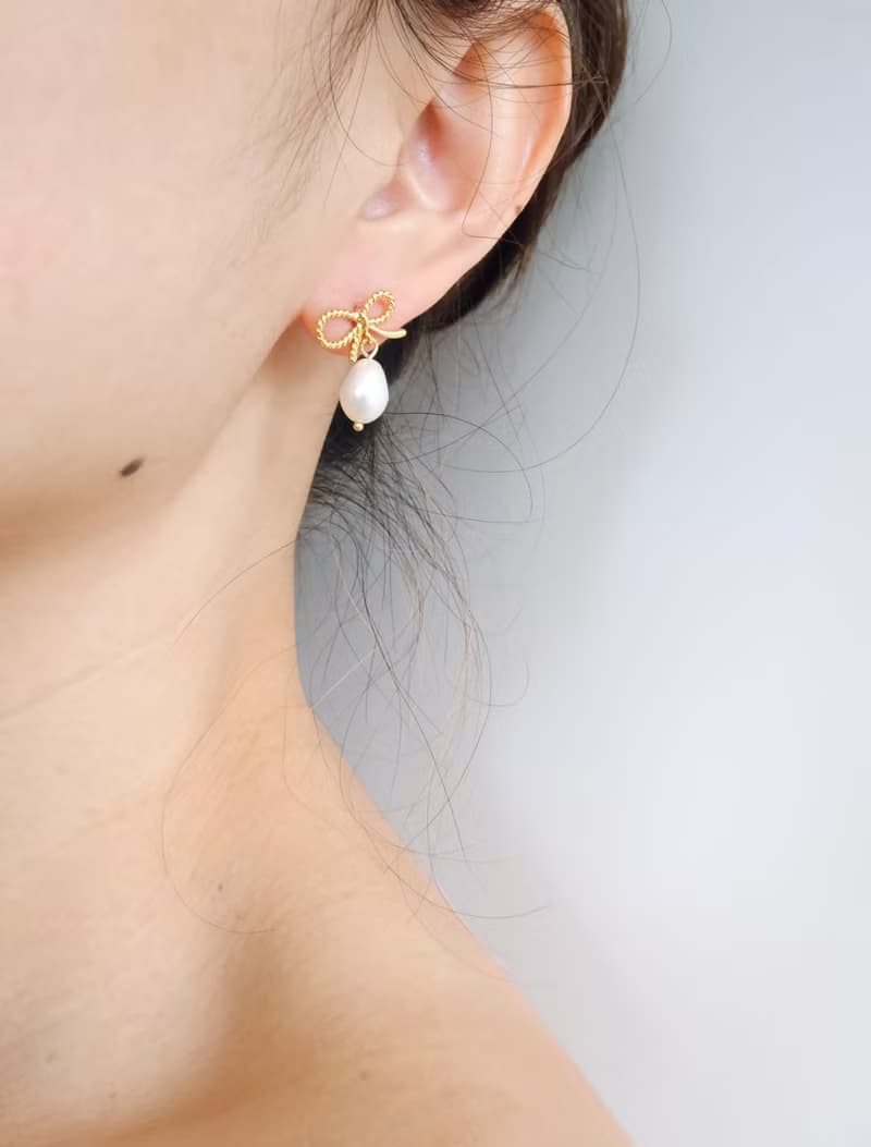 黃銅鍍18K金蝴蝶結 淡水珍珠 抗敏耳環 醫療級鋼 耳夾 情人節禮物