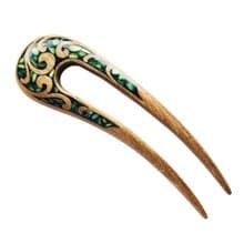 Hair clip, hair pin, carved wooden hair fork with green stones, gift for her