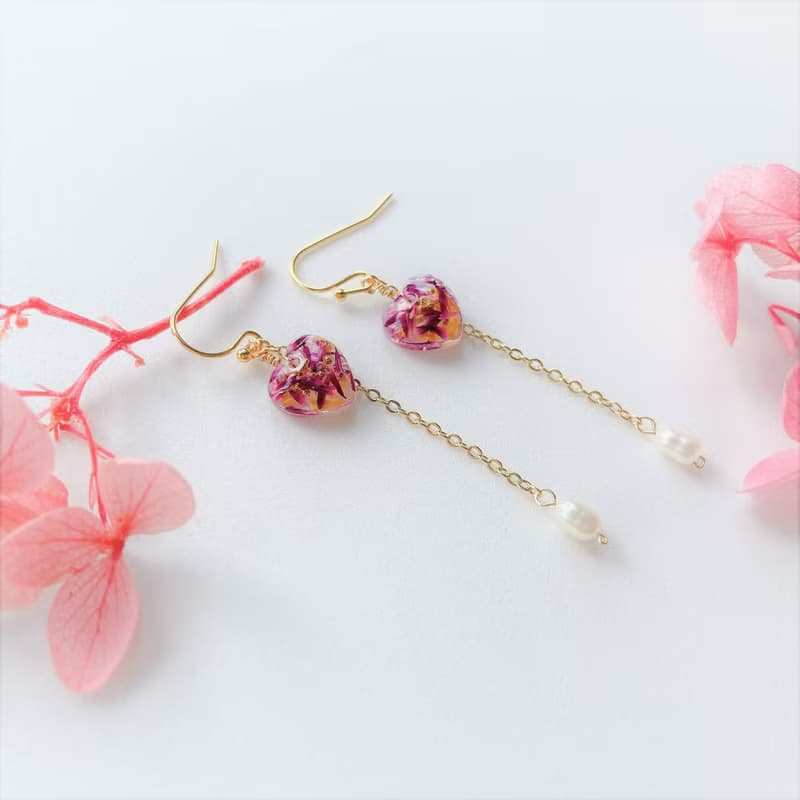愛心寶石 真花 手工樹脂垂墜飾品 珍珠耳環/無痛耳夾 禮物穿搭配