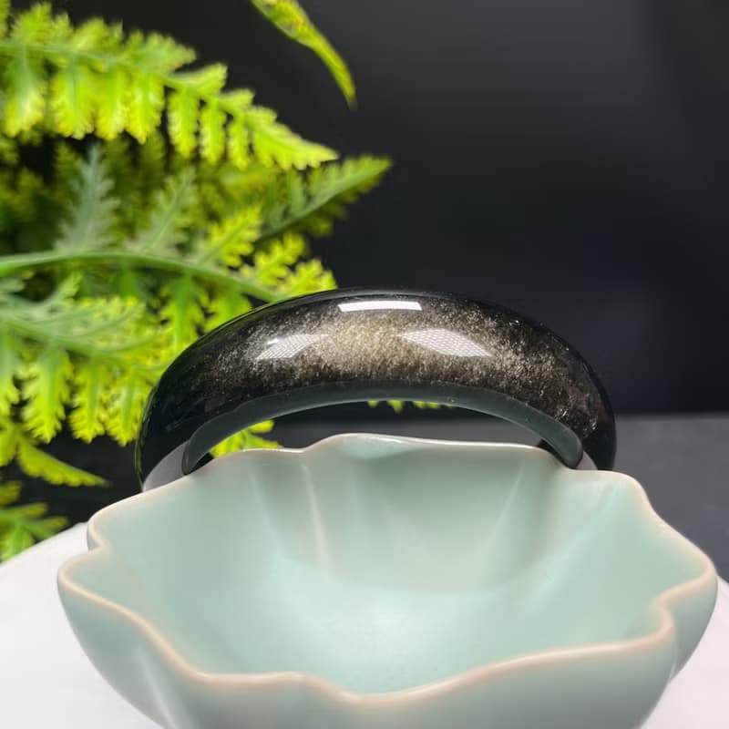 高品質 金曜石手鐲 60MM 灑金金沙黑曜石手環 耀眼靈動 招財辟邪