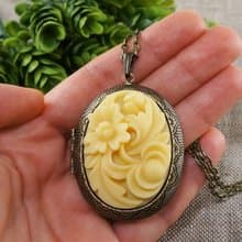 Photo Locket Ivory Flower Floral Cameo Oval Pendant Necklace Woman Jewelry Gift