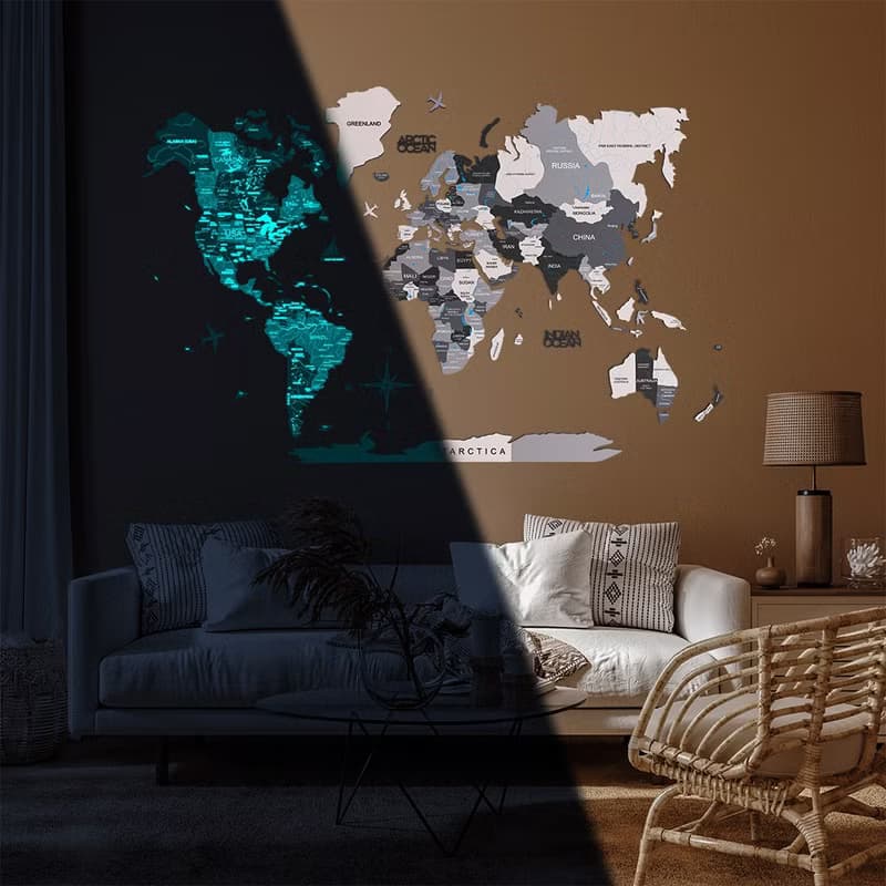 3D Travel Map Glow in The Dark, Unique Map, Rustic Home Decor by Enjoy The Wood