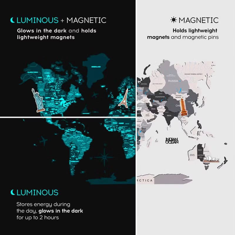 3D Travel Map Glow in The Dark, Unique Map, Rustic Home Decor by Enjoy The Wood