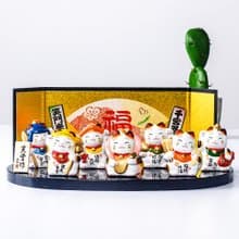 日本藥師窯錦彩七福神招財貓擺件 生日結婚禮物開業 車載原裝進口