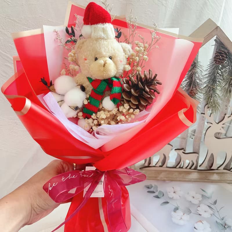可愛聖誕熊熊花束 聖誕花束 棉花花束 熊熊花束 乾燥花束 聖誕節