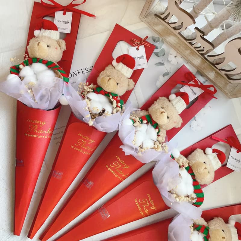 可愛聖誕熊熊花束 聖誕花束 棉花花束 熊熊花束 乾燥花束 聖誕節