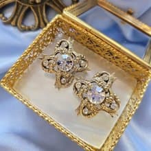 金鉚釘流線晶鑽緞帶夾式耳環/vintage美國西洋古董飾品