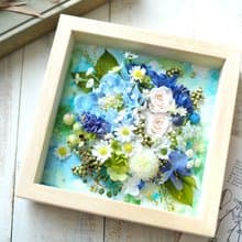 不凋花・乾燥花 × 水彩畫 × 花藝混合媒材相框 藍之花束 S 15cm