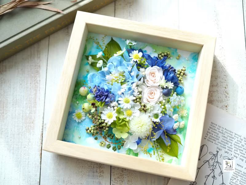 不凋花・乾燥花 × 水彩畫 × 花藝混合媒材相框 藍之花束 S 15cm