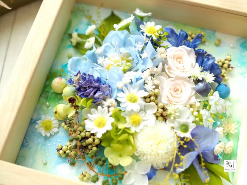 不凋花・乾燥花 × 水彩畫 × 花藝混合媒材相框 藍之花束 S 15cm