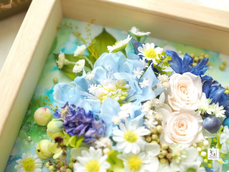 不凋花・乾燥花 × 水彩畫 × 花藝混合媒材相框 藍之花束 S 15cm