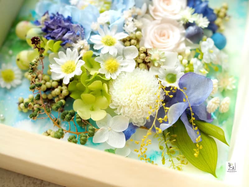 不凋花・乾燥花 × 水彩畫 × 花藝混合媒材相框 藍之花束 S 15cm