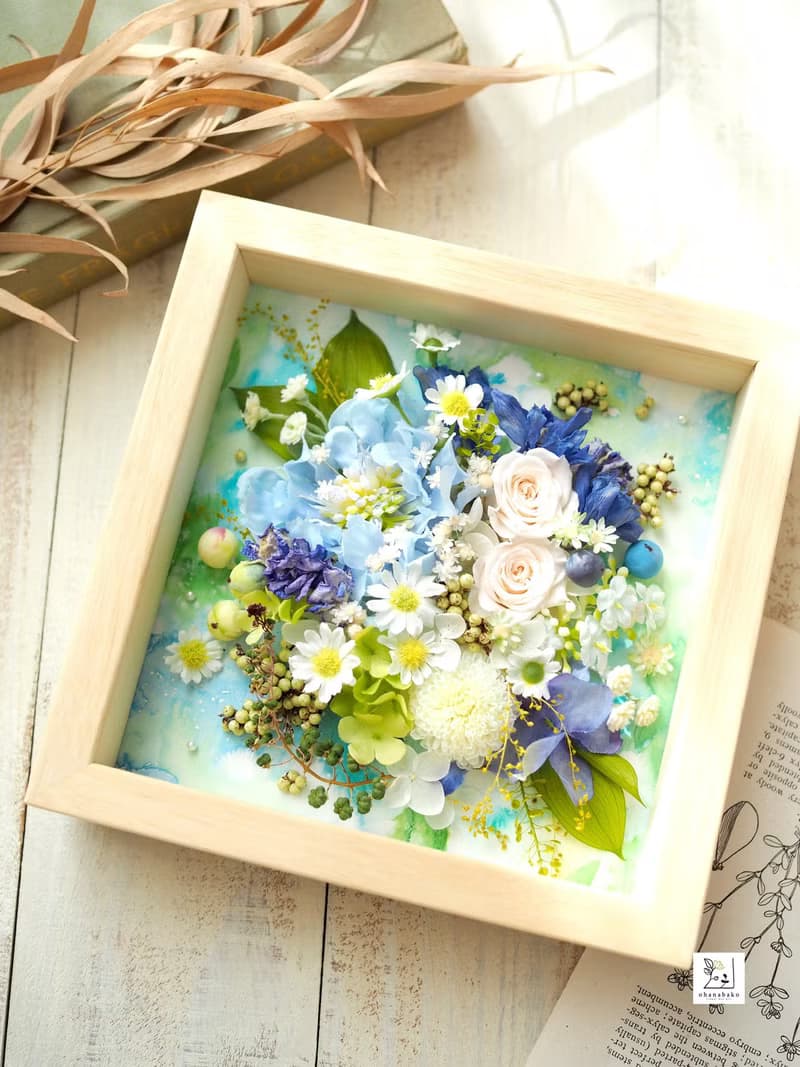 不凋花・乾燥花 × 水彩畫 × 花藝混合媒材相框 藍之花束 S 15cm